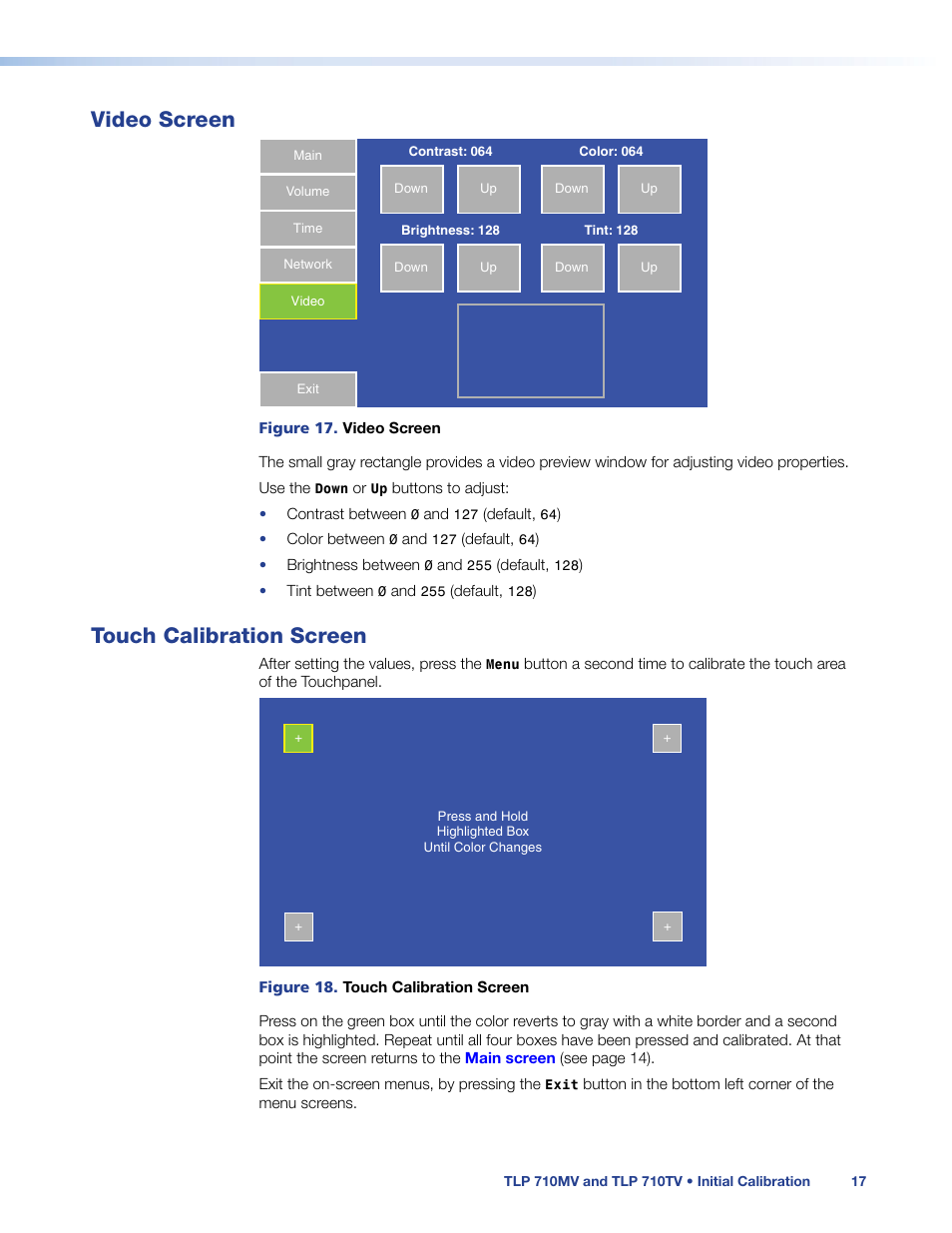 Video screen, Touch calibration screen, Video screen touch calibration screen | Video | Extron Electronics TLP 710TV User Guide User Manual | Page 23 / 49