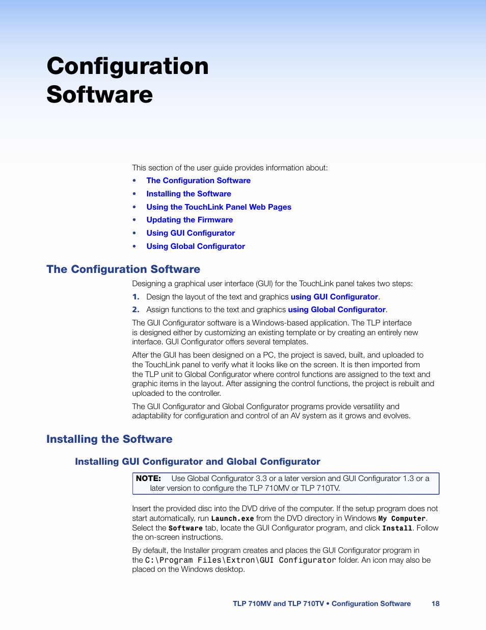 Configuration software, The configuration software, Installing the software | The configuration software installing the software, Installing gui configurator and global, Configurator | Extron Electronics TLP 710TV User Guide User Manual | Page 24 / 49