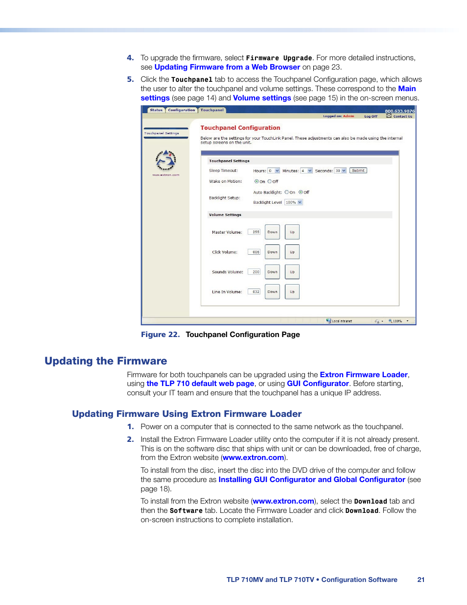 Updating the firmware, Updating firmware using extron firmware loader, Updating firmware using extron firmware | Loader | Extron Electronics TLP 710TV User Guide User Manual | Page 27 / 49