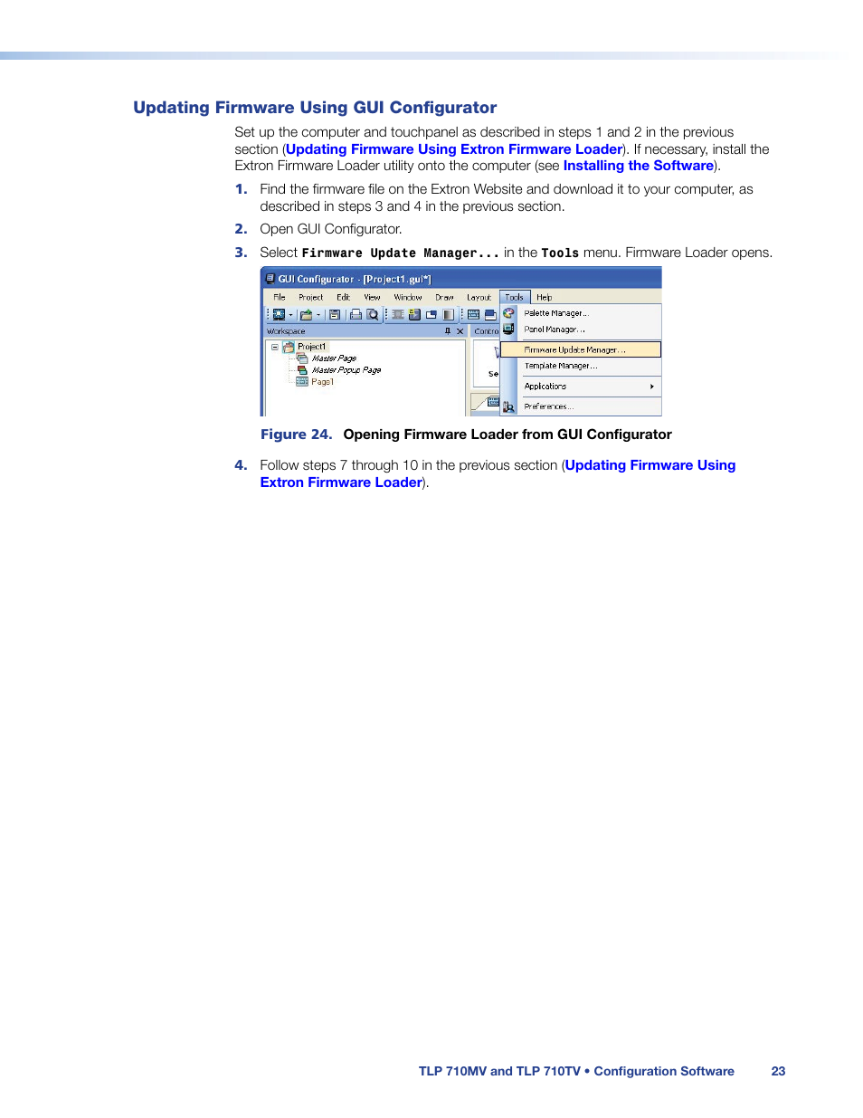 Updating firmware using gui configurator, Updating firmware using, Gui configurator | Extron Electronics TLP 710TV User Guide User Manual | Page 29 / 49