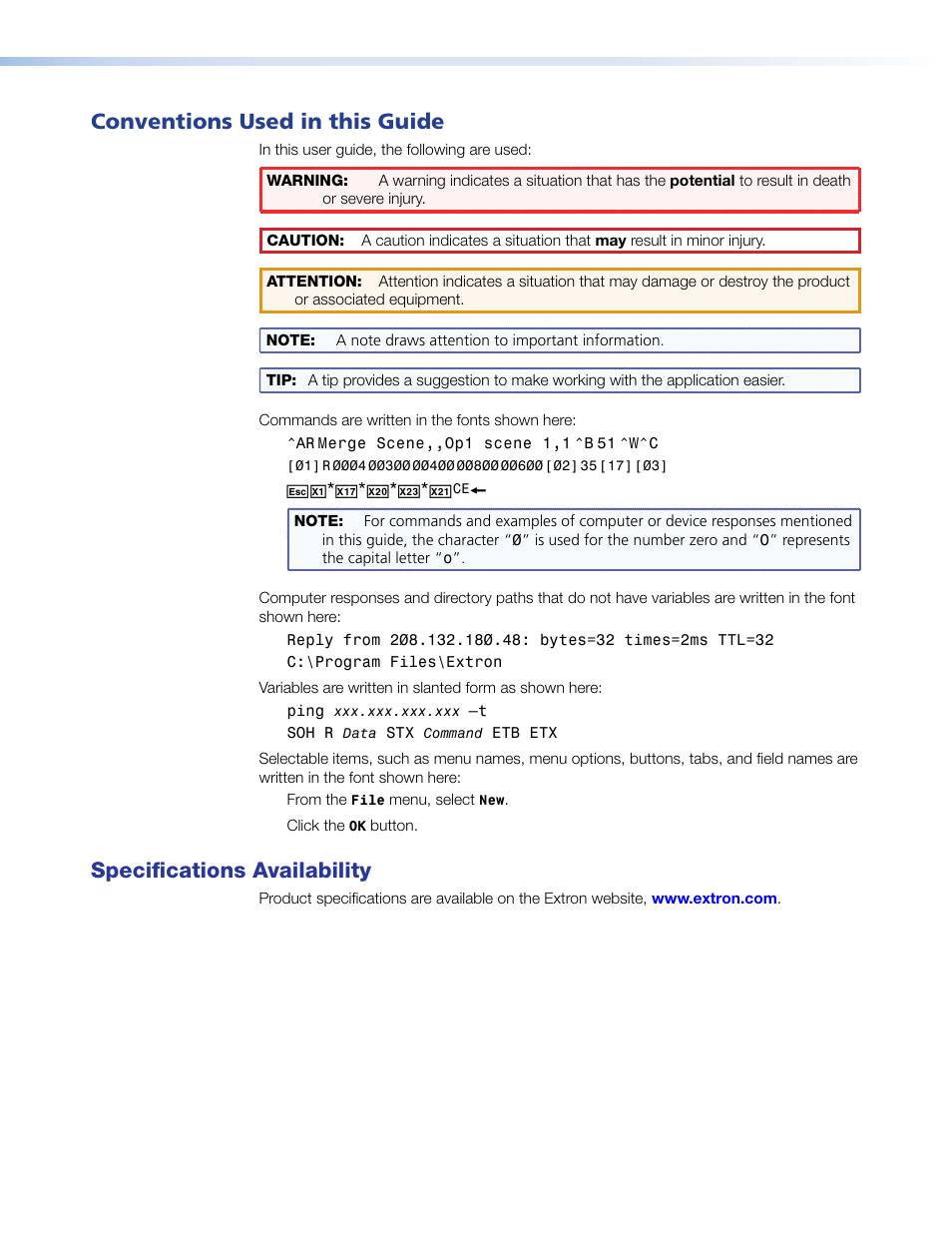 Conventions used in this guide, Specifications availability | Extron Electronics TLP 710TV User Guide User Manual | Page 4 / 49