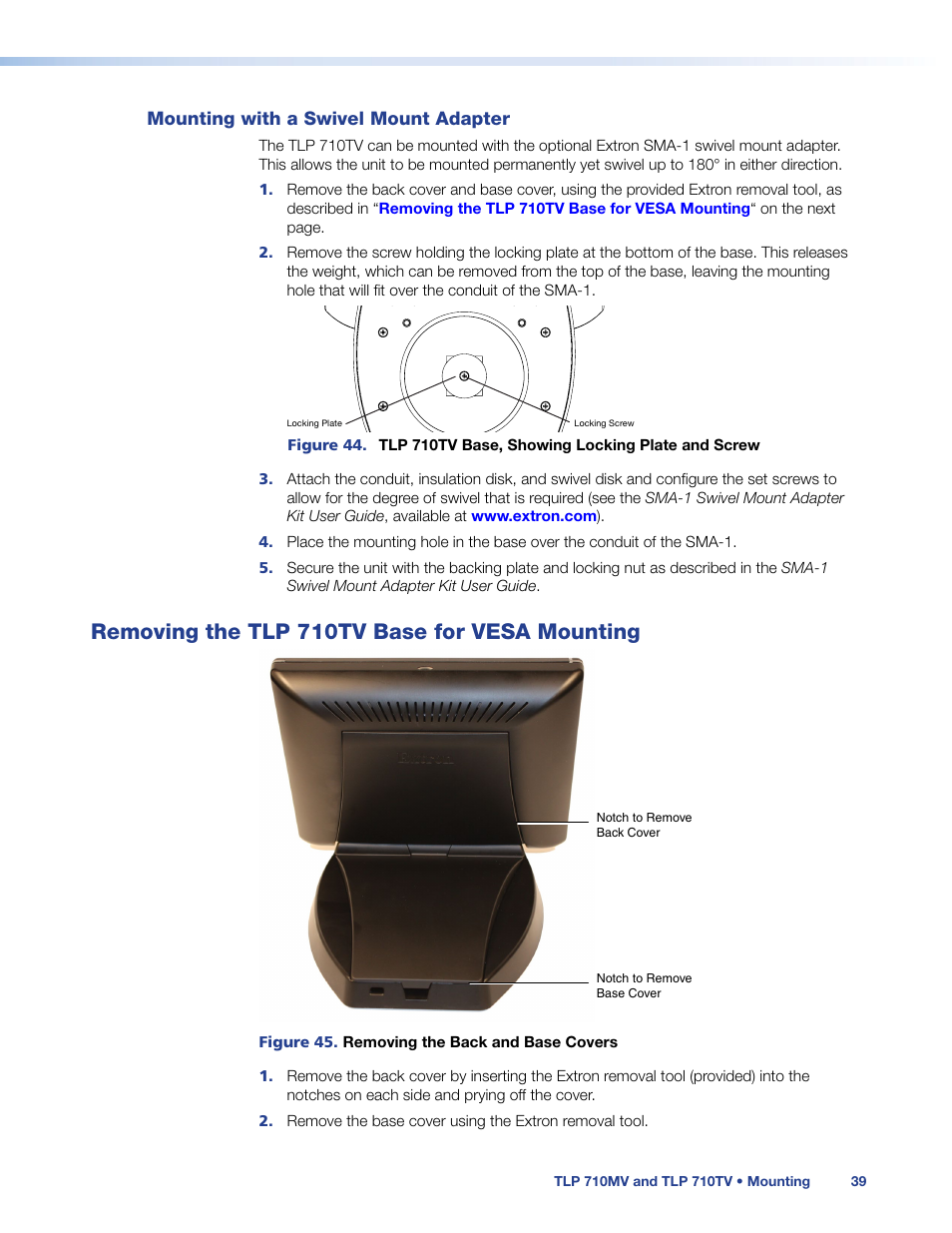 Mounting with a swivel mount adapter, Removing the tlp 710tv base for vesa mounting, Removing the tlp 710tv base for vesa | Mounting, Rear and base covers can be removed, Using the extr | Extron Electronics TLP 710TV User Guide User Manual | Page 45 / 49