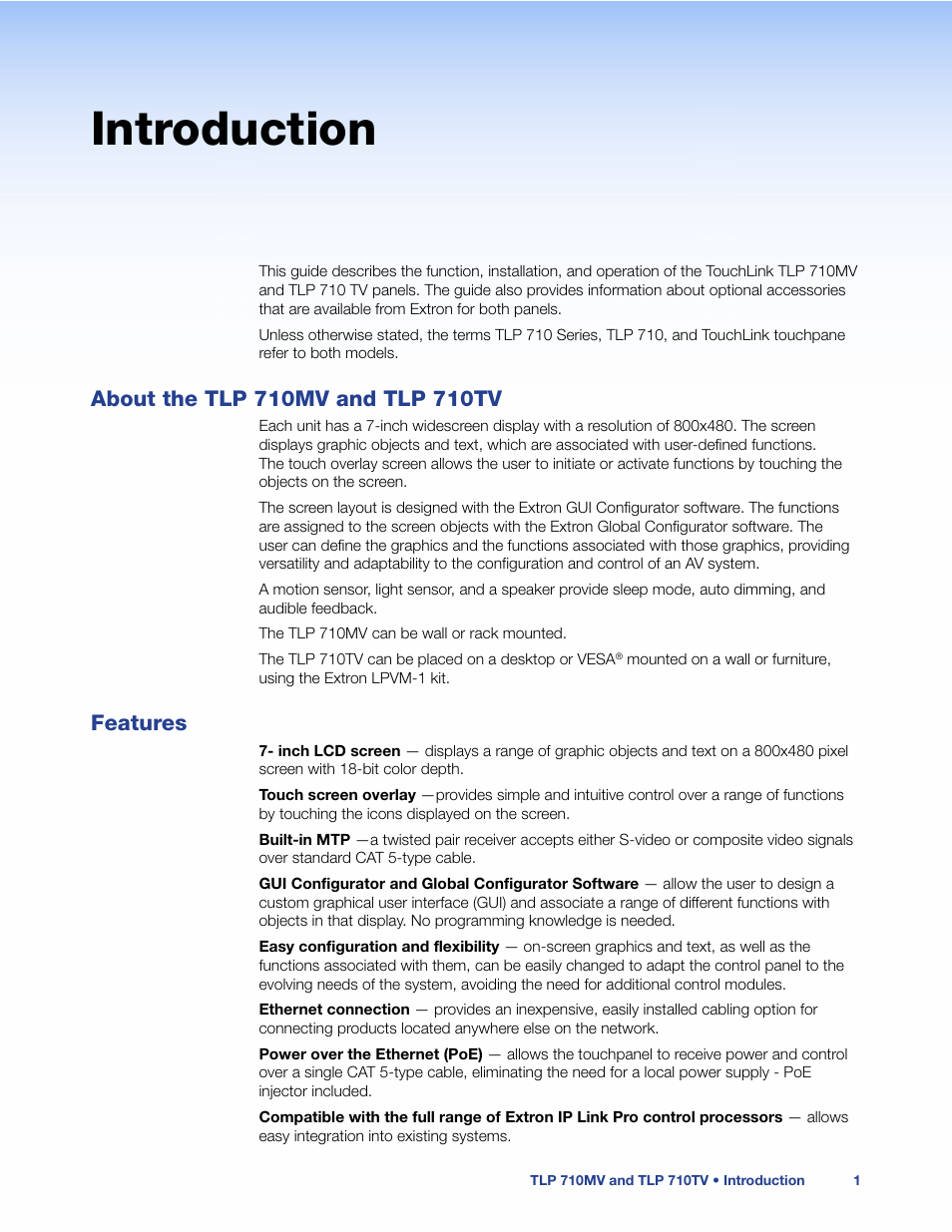 Introduction, About the tlp 710mv and tlp 710tv, Features | About the tlp 710mv and tlp 710tv features | Extron Electronics TLP 710TV User Guide User Manual | Page 7 / 49