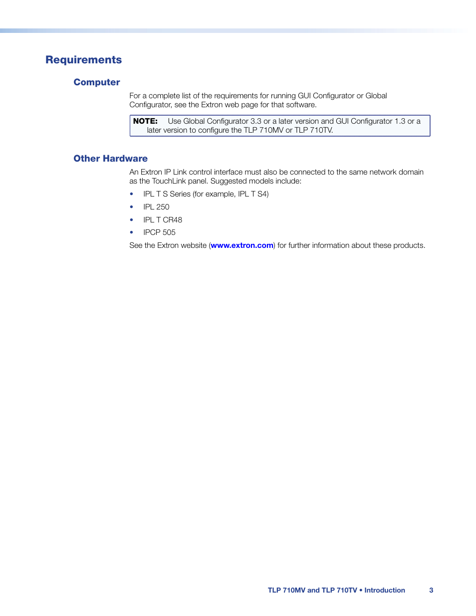 Requirements, Computer, Other hardware | Computer other hardware | Extron Electronics TLP 710TV User Guide User Manual | Page 9 / 49
