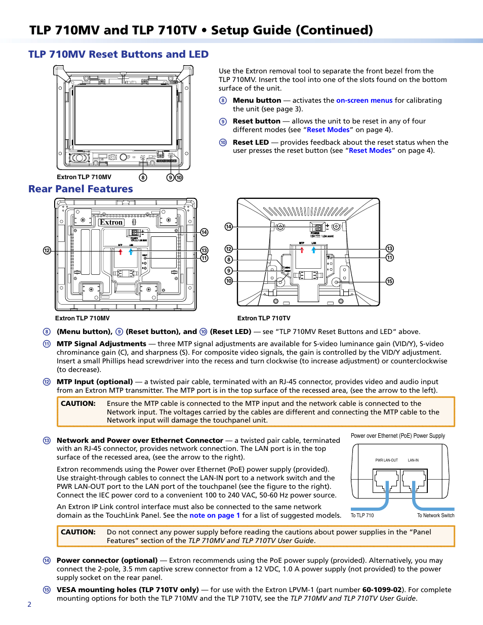 Tlp 710mv reset buttons and led, Rear panel features, Mk o | Extron Electronics TLP 710TV Setup Guide User Manual | Page 2 / 4