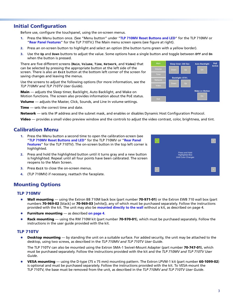 Initial configuration, Calibration menu, Mounting options | Tlp 710mv, Tlp 710tv, Product category | Extron Electronics TLP 710TV Setup Guide User Manual | Page 3 / 4