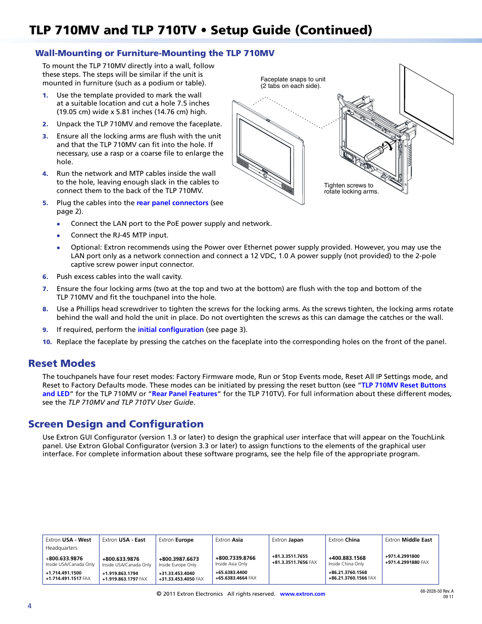 Wall-mounting or furniture-mounting the tlp 710mv, Reset modes, Screen design and configuration | Contact information, Provided with the kit. the unit may also be, Mounted directly to the wall | Extron Electronics TLP 710TV Setup Guide User Manual | Page 4 / 4