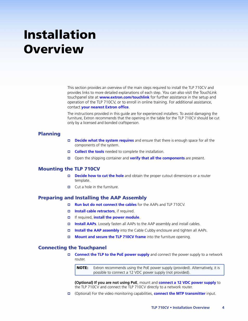 Installation overview, Planning, Mounting the tlp 710cv | Preparing and installing the aap assembly, Connecting the touchpanel | Extron Electronics TLP 710CV User Guide User Manual | Page 10 / 50