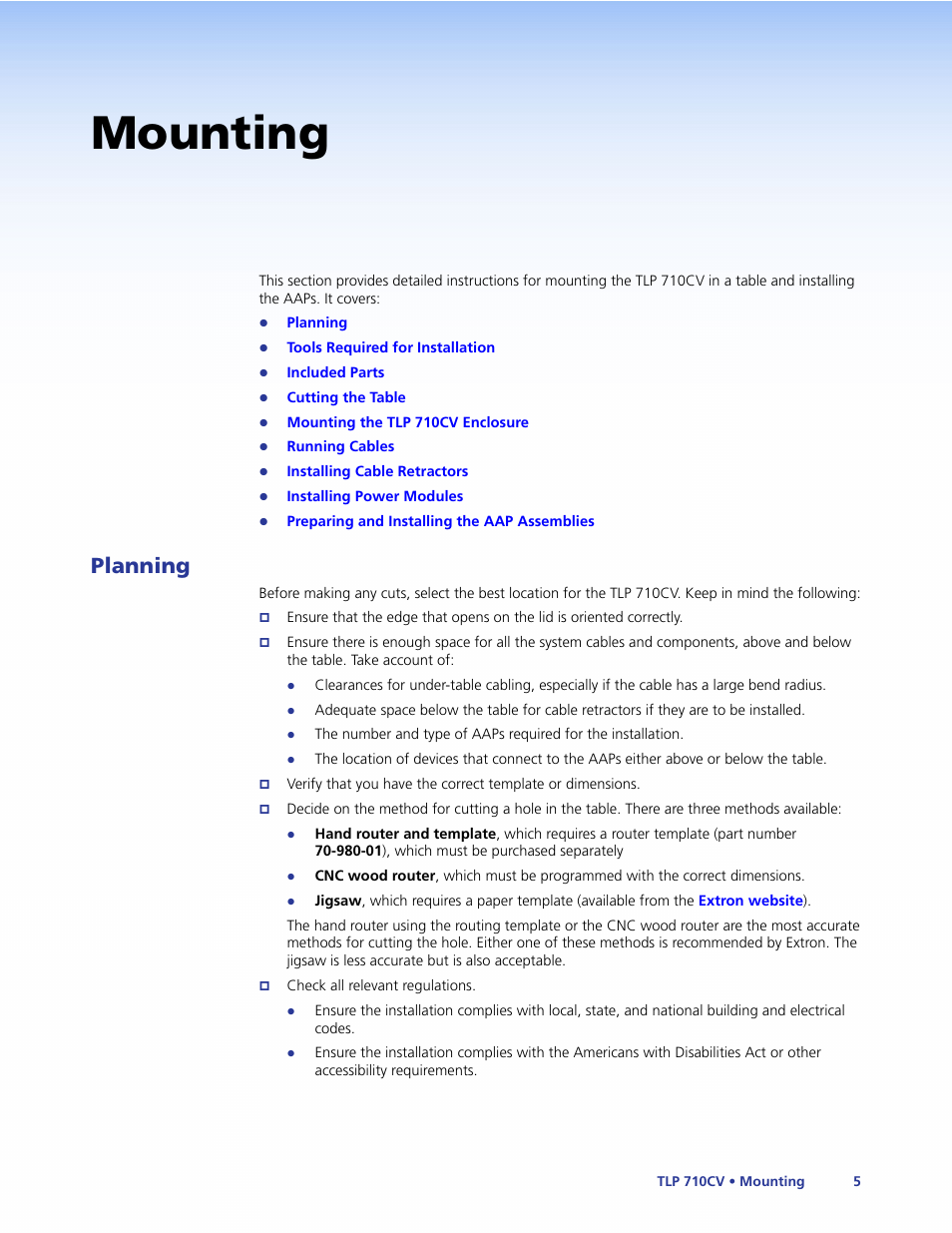 Mounting, Planning, Decide what the system requires | Extron Electronics TLP 710CV User Guide User Manual | Page 11 / 50