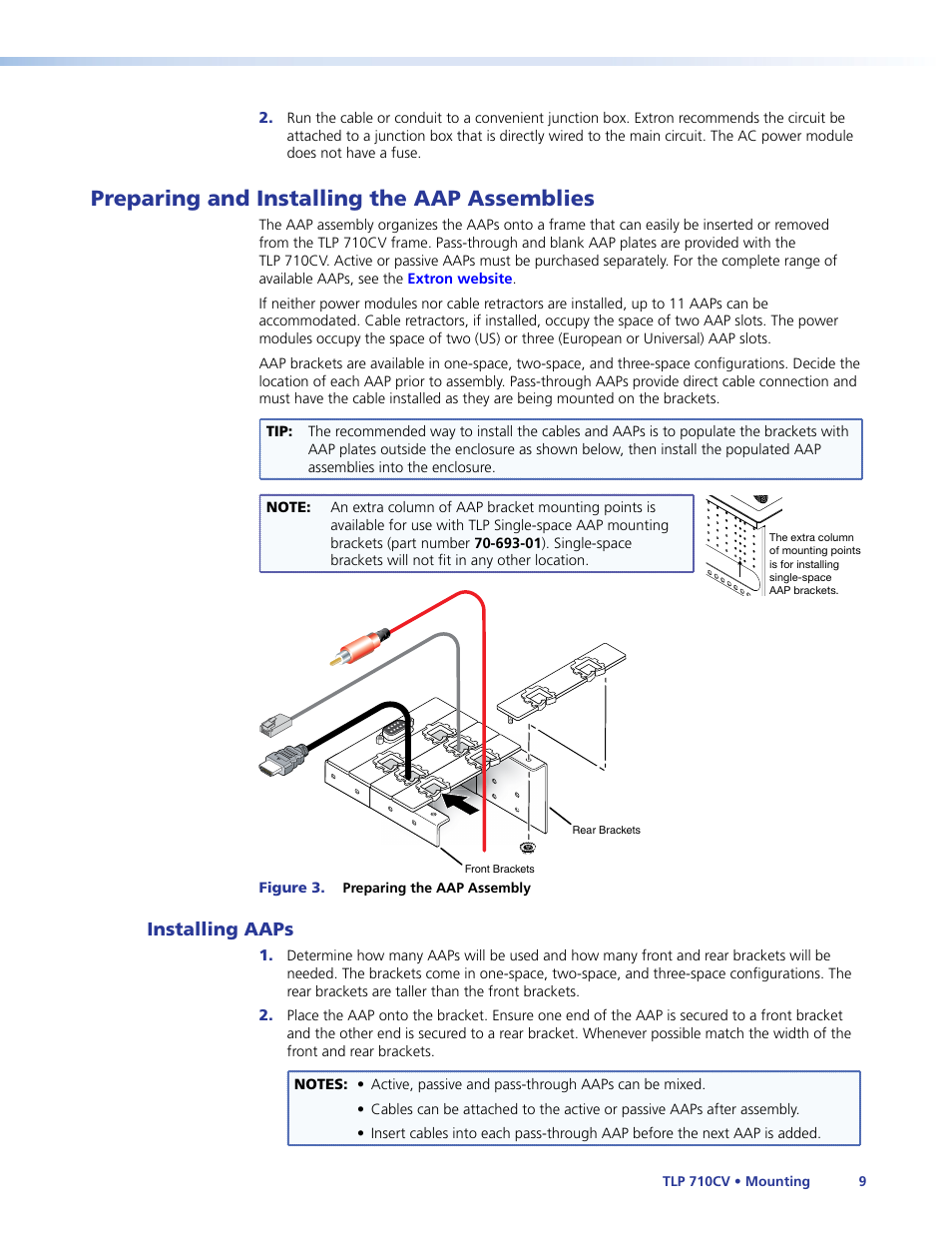 Preparing and installing the aap assemblies, Installing aaps, Install aaps | Install the aap assembly, Into the cable cubby enclosur | Extron Electronics TLP 710CV User Guide User Manual | Page 15 / 50
