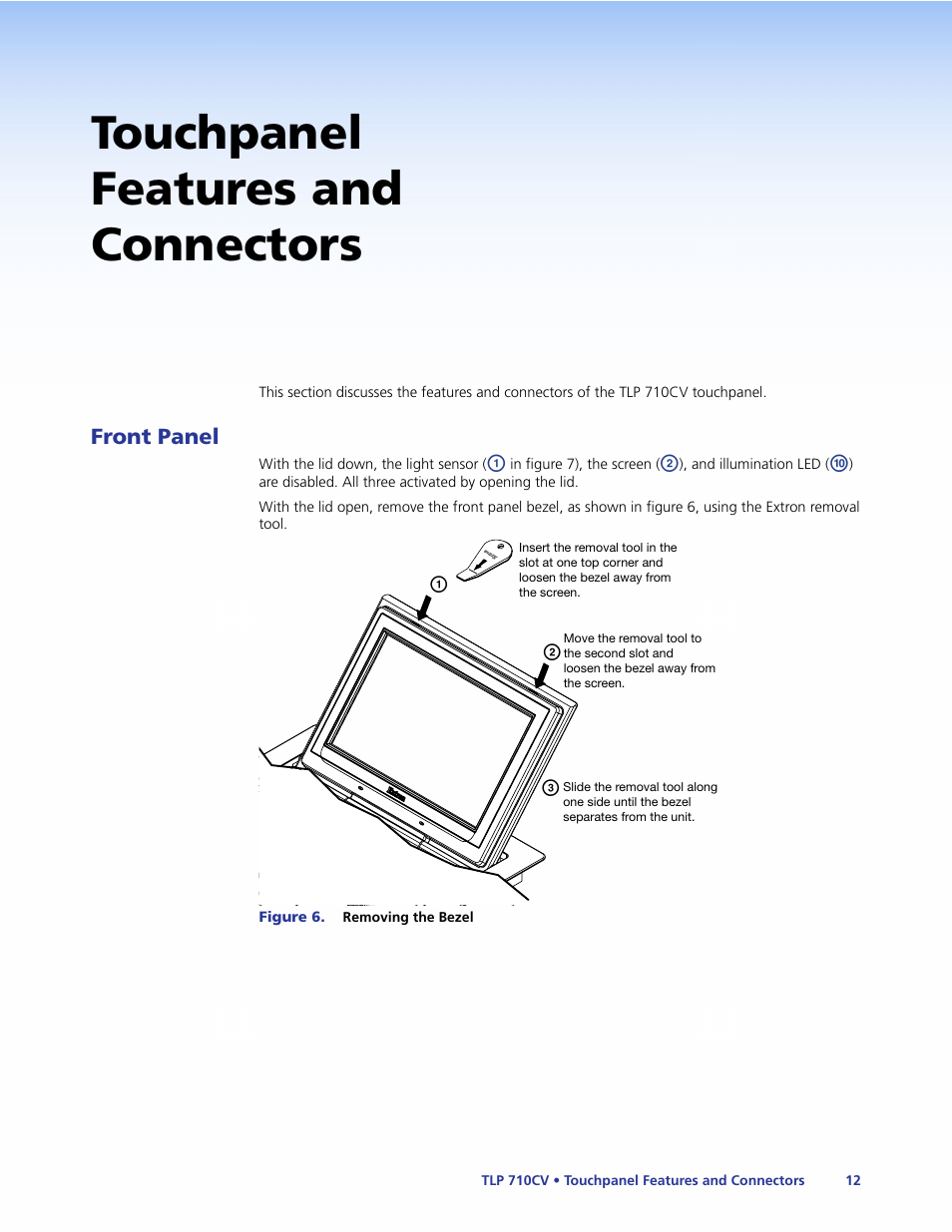 Touchpanel features and connectors, Front panel, Ab c | Extron Electronics TLP 710CV User Guide User Manual | Page 18 / 50