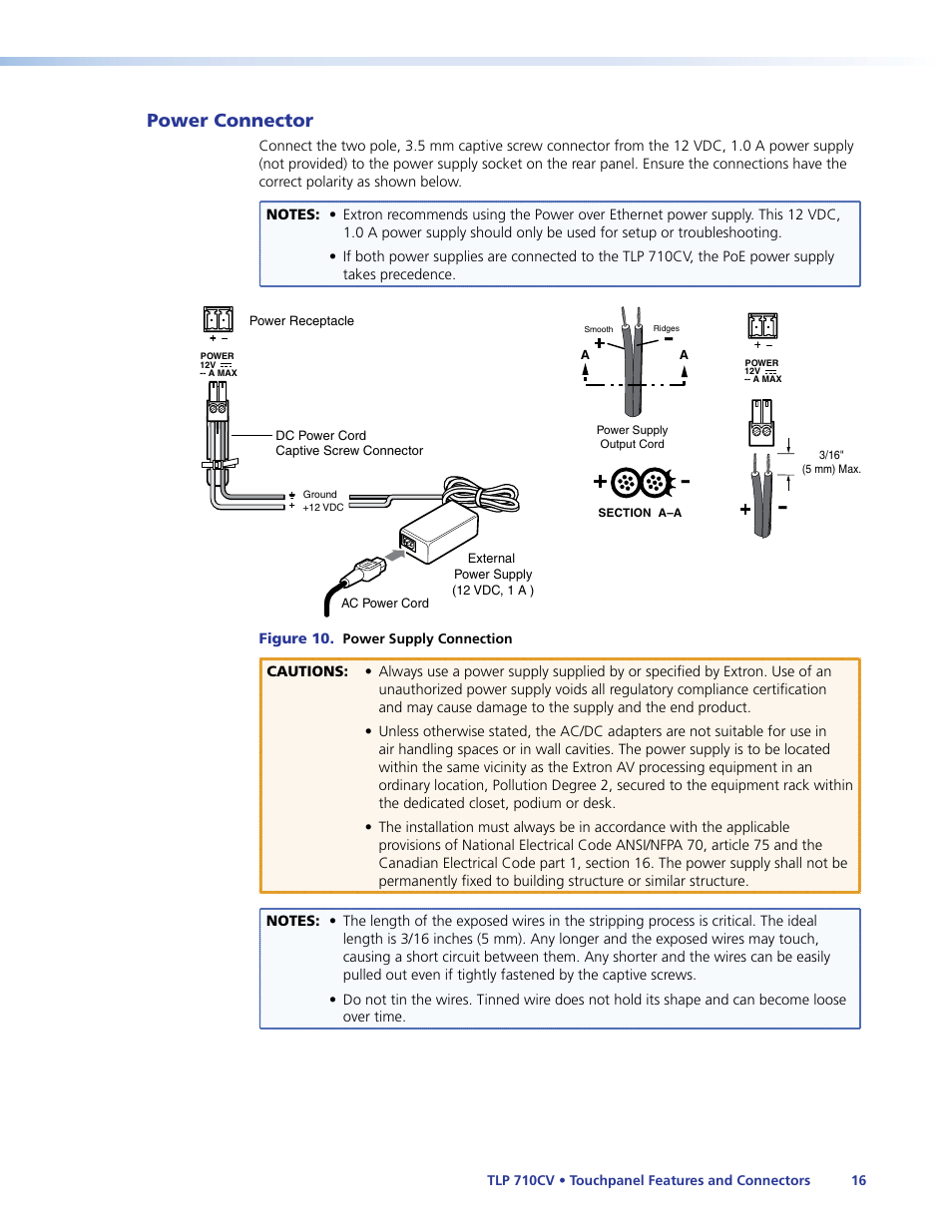 Power connector, Connect a 12 vdc power supply, If a 12 vdc power supply is being used | Run one straight-thr | Extron Electronics TLP 710CV User Guide User Manual | Page 22 / 50