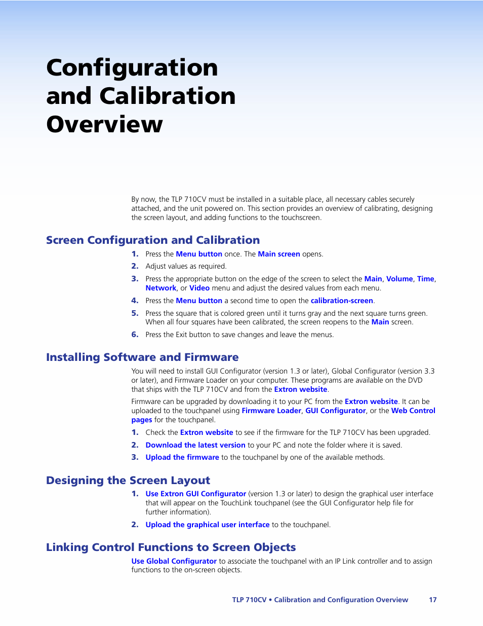 Configuration and calibration overview, Screen configuration and calibration, Installing software and firmware | Designing the screen layout, Linking control functions to screen objects, Configuration and calibration, Overview | Extron Electronics TLP 710CV User Guide User Manual | Page 23 / 50