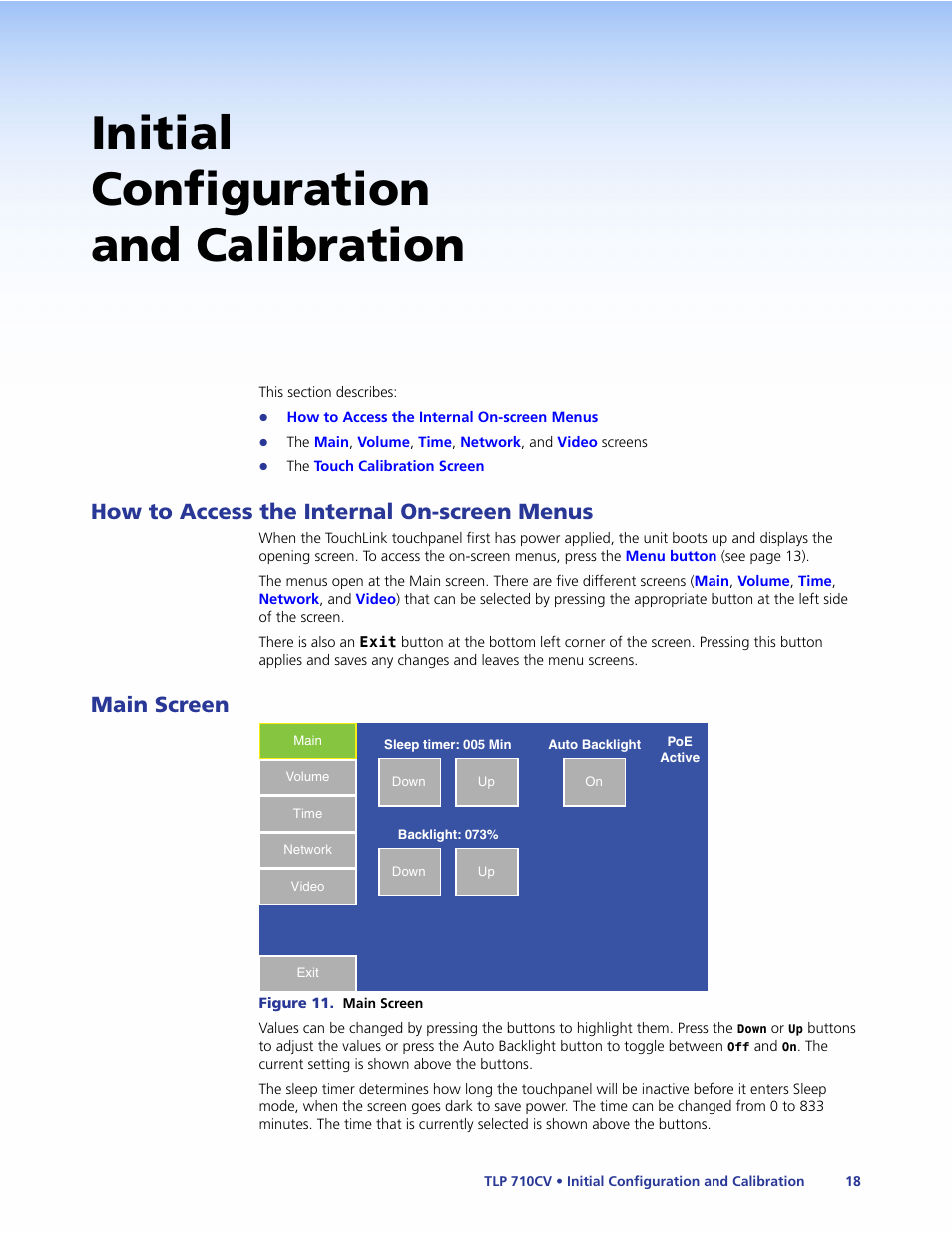 Initial configuration and calibration, How to access the internal on-screen menus, Main screen | How to access the internal, On-screen menus, For calibrating the unit (see, Initial calibration, Main | Extron Electronics TLP 710CV User Guide User Manual | Page 24 / 50