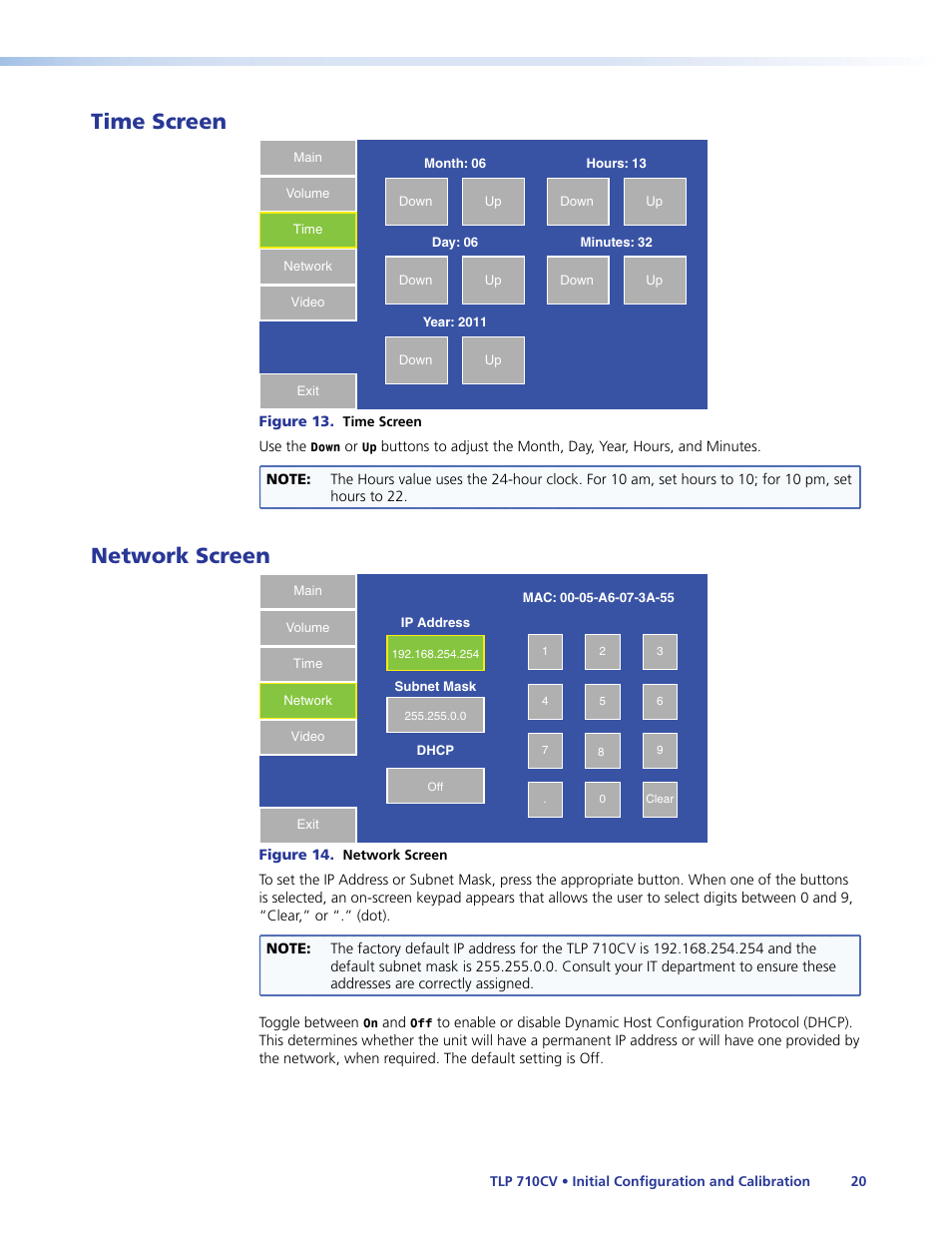 Time screen, Network screen, Time screen network screen | Time, Network | Extron Electronics TLP 710CV User Guide User Manual | Page 26 / 50