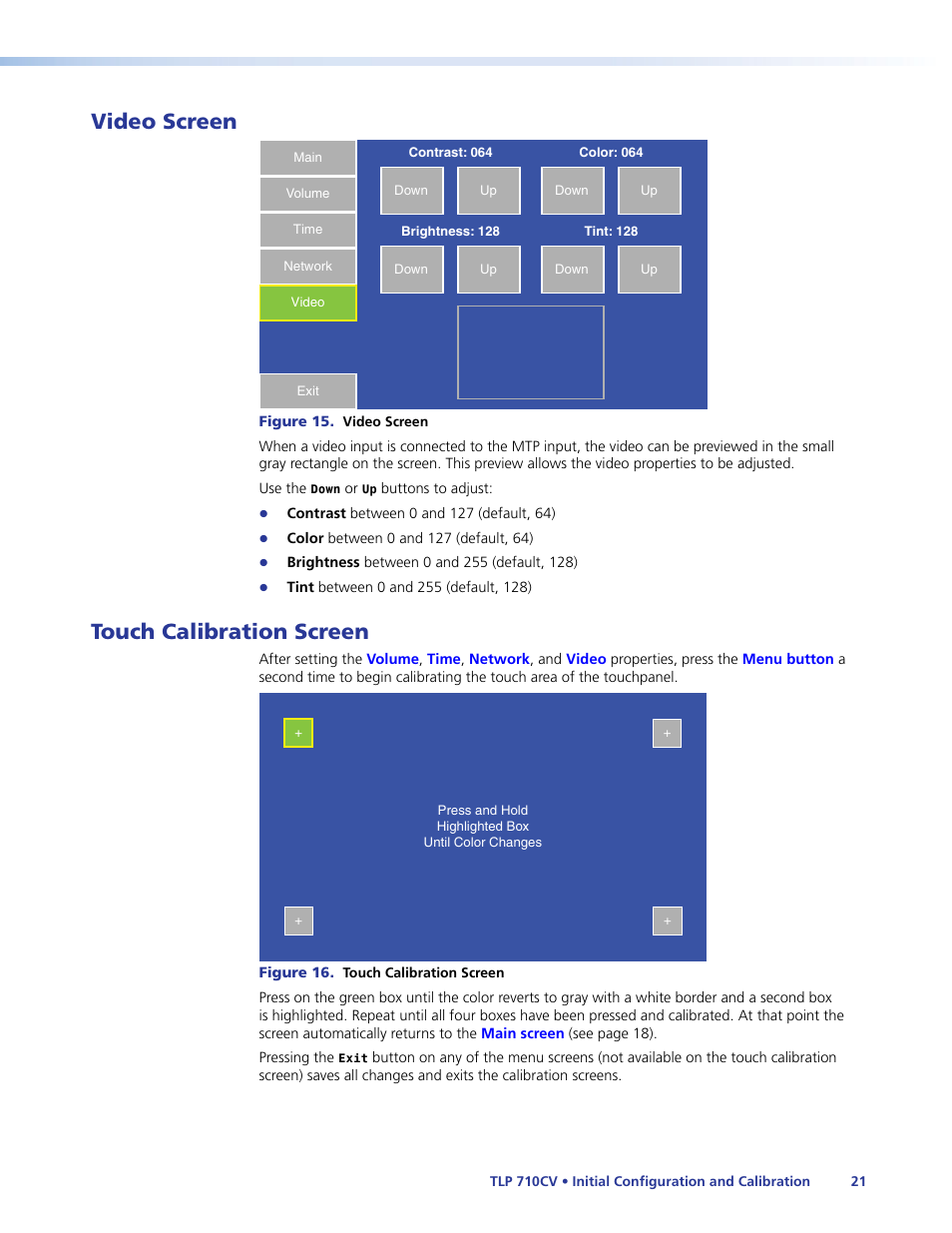Video screen, Touch calibration screen, Video screen touch calibration screen | Video, Calibration-screen | Extron Electronics TLP 710CV User Guide User Manual | Page 27 / 50