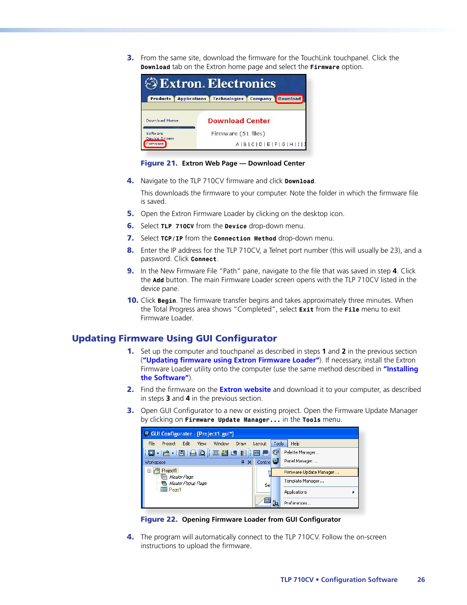 Updating firmware using gui configurator, Updating firmware using, Gui configurator | Or the, Download the latest version | Extron Electronics TLP 710CV User Guide User Manual | Page 32 / 50