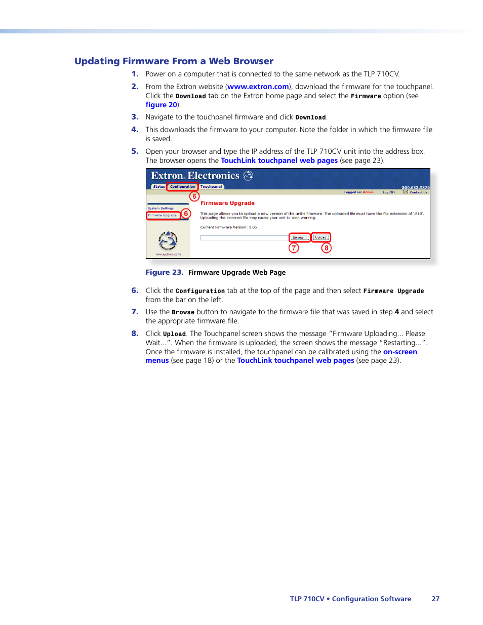 Updating firmware from a web browser, Web control, For the touchpanel | Or using | Extron Electronics TLP 710CV User Guide User Manual | Page 33 / 50