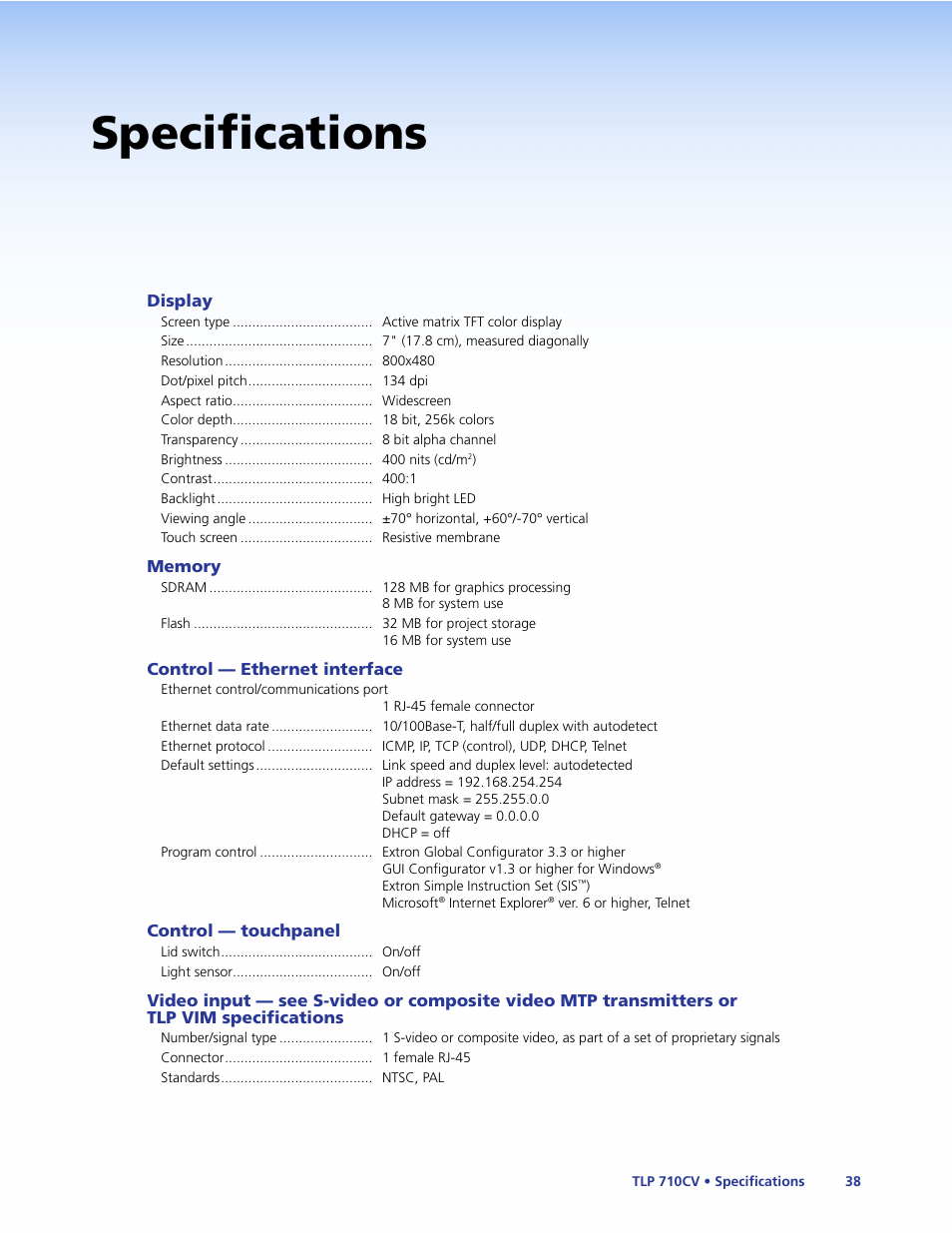 Specifications | Extron Electronics TLP 710CV User Guide User Manual | Page 44 / 50