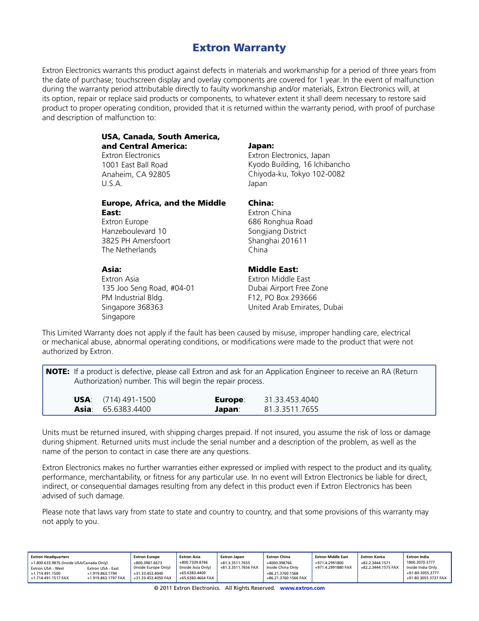 2117-01_reva_tlp710cv_rear, Extron warranty | Extron Electronics TLP 710CV User Guide User Manual | Page 50 / 50