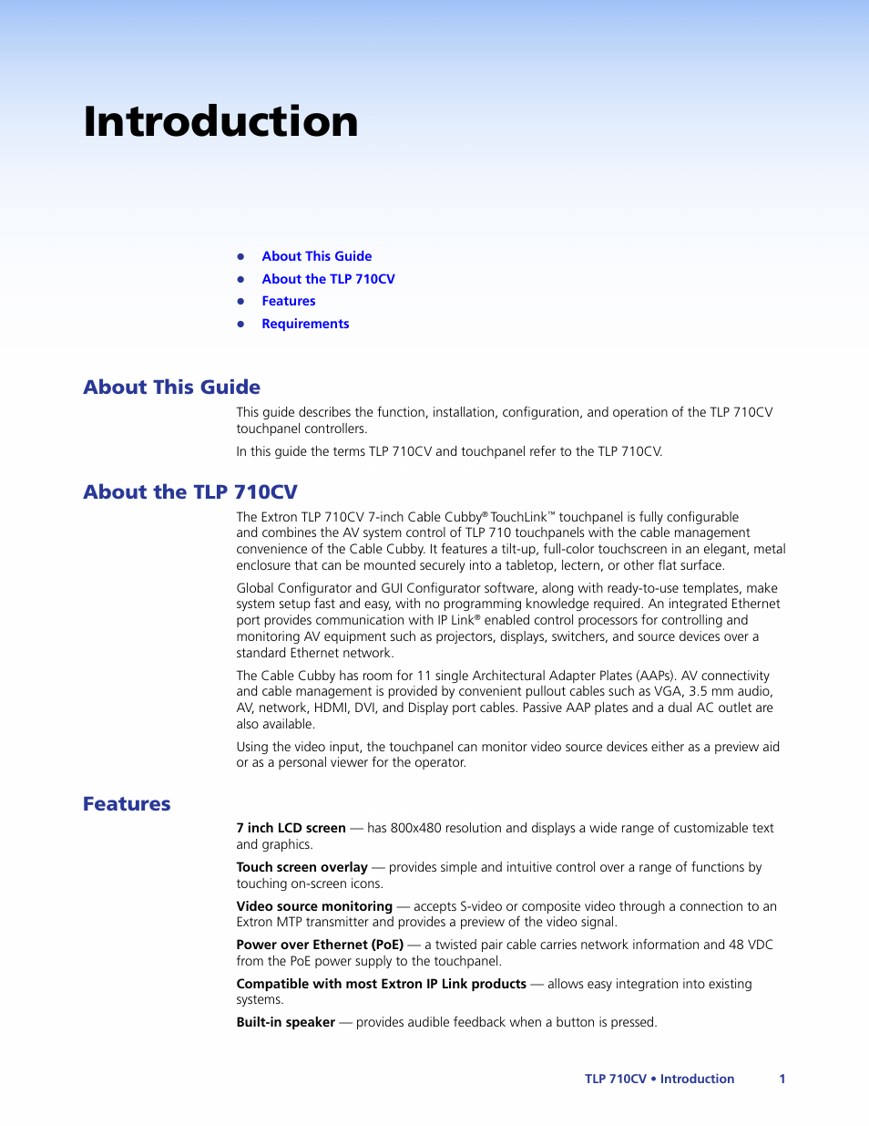 Introduction, About this guide, About the tlp 710cv | Features, About this guide about the tlp 710cv features | Extron Electronics TLP 710CV User Guide User Manual | Page 7 / 50