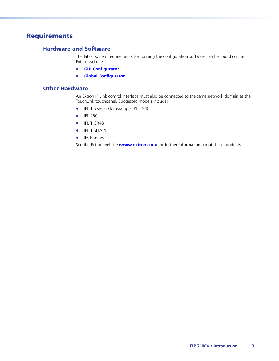 Requirements, Hardware and software, Other hardware | Hardware and software other hardware | Extron Electronics TLP 710CV User Guide User Manual | Page 9 / 50