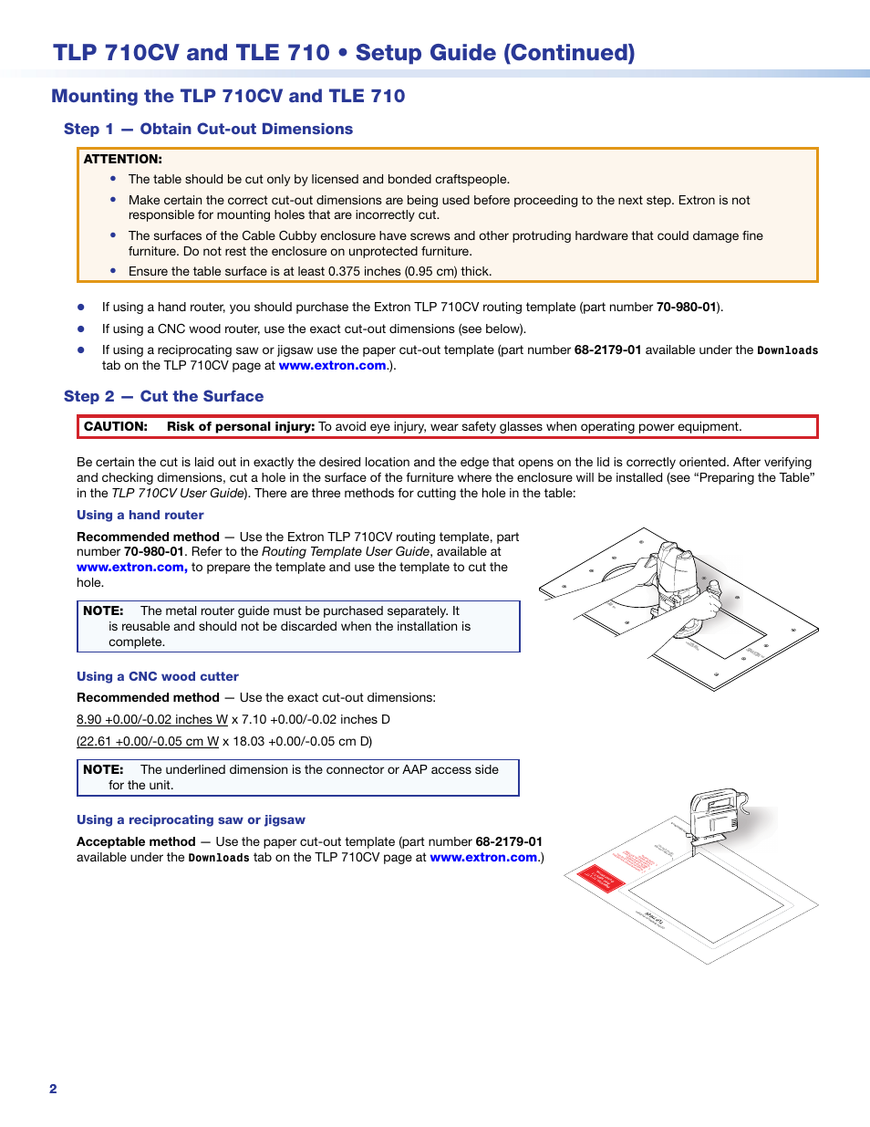 Mounting the tlp 710cv and tle 710, Step 1 - obtain cut-out dimensions, Step 2- cut the surface | Step 1 — obtain cut-out dimensions, Step 2 — cut the surface, Attention, Downloads | Extron Electronics TLE 710 Setup Guide User Manual | Page 2 / 8