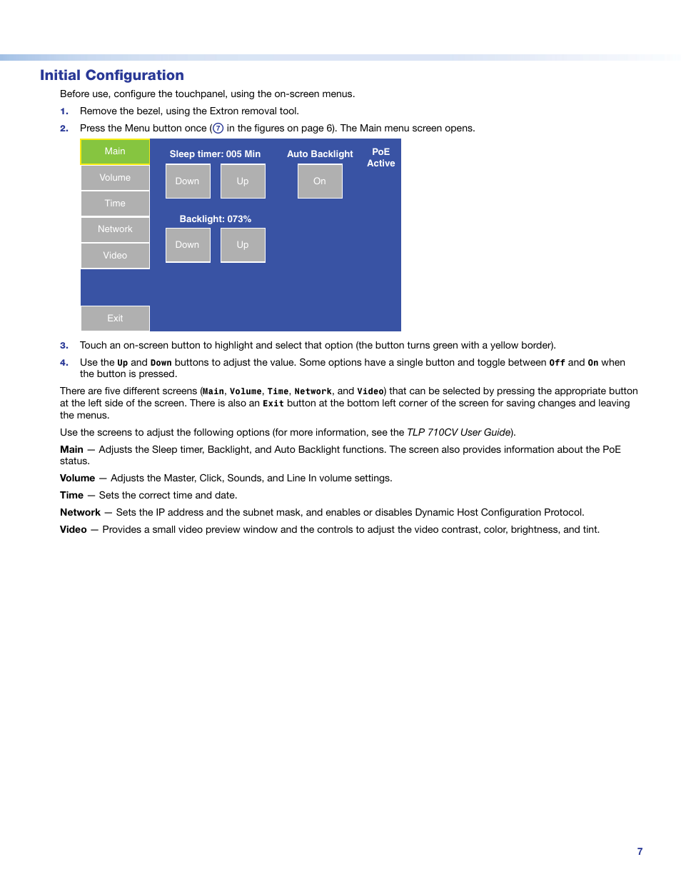 Initial configuration, Activates the, On-screen menus | Extron Electronics TLE 710 Setup Guide User Manual | Page 7 / 8