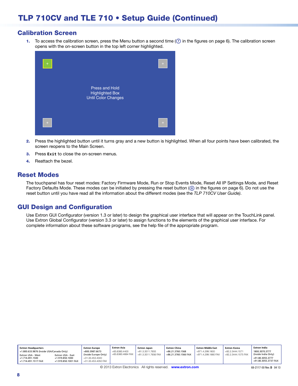 Calibration screen, Reset modes, Gui design and configuration | Extron contact information, Mode status, Eset to one of, Four different modes | Extron Electronics TLE 710 Setup Guide User Manual | Page 8 / 8