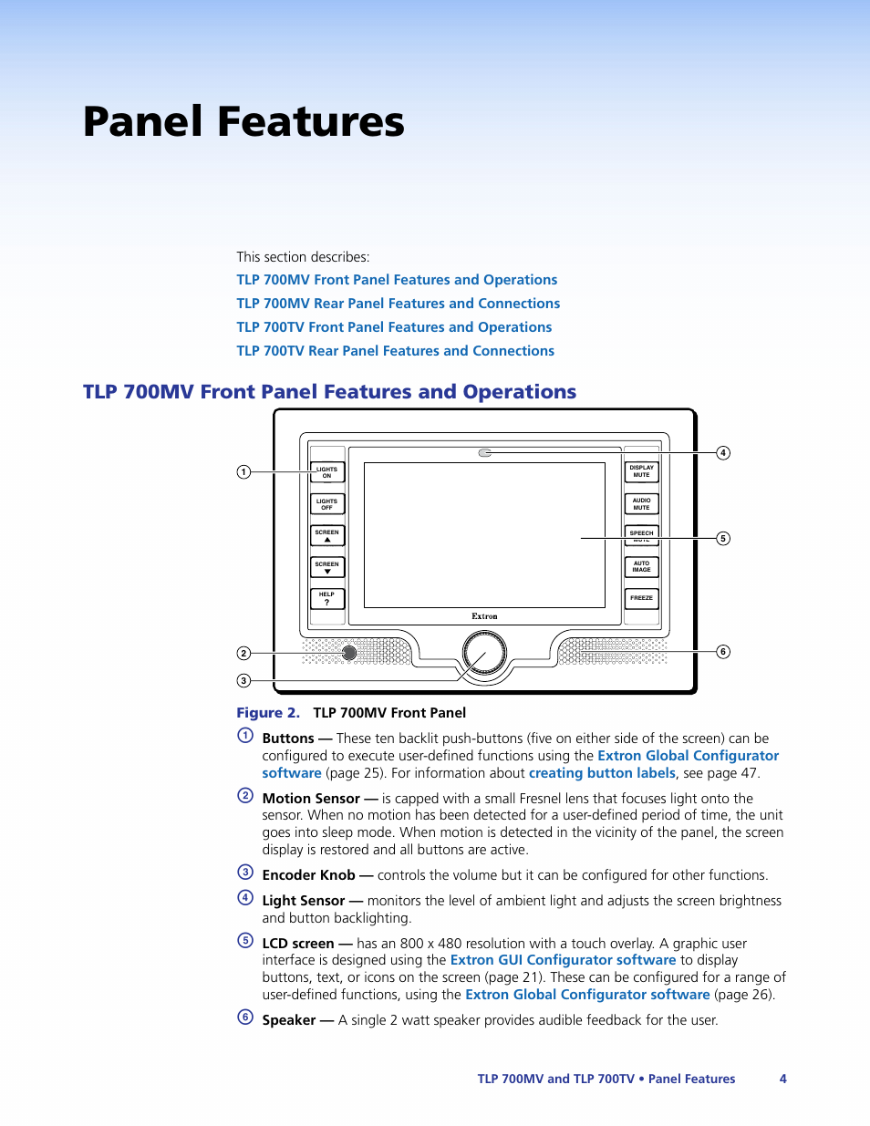 Panel features, Tlp 700mv front panel features and operations, Tlp 700mv front panel features | And operations | Extron Electronics TLP 700TV User Guide User Manual | Page 10 / 58
