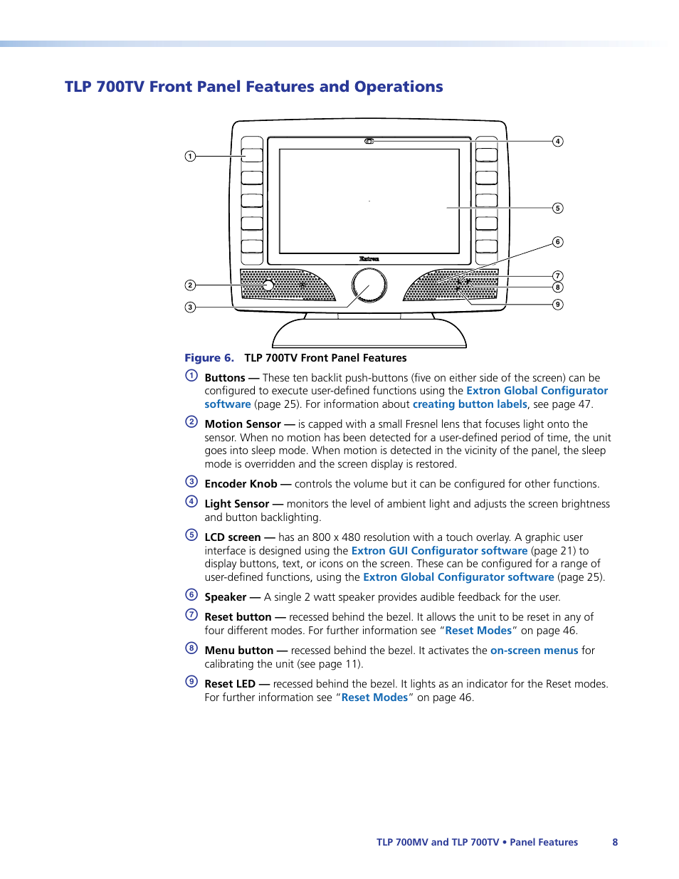 Tlp 700tv front panel features and operations, Tlp 700tv front panel features, And operations | Extron Electronics TLP 700TV User Guide User Manual | Page 14 / 58