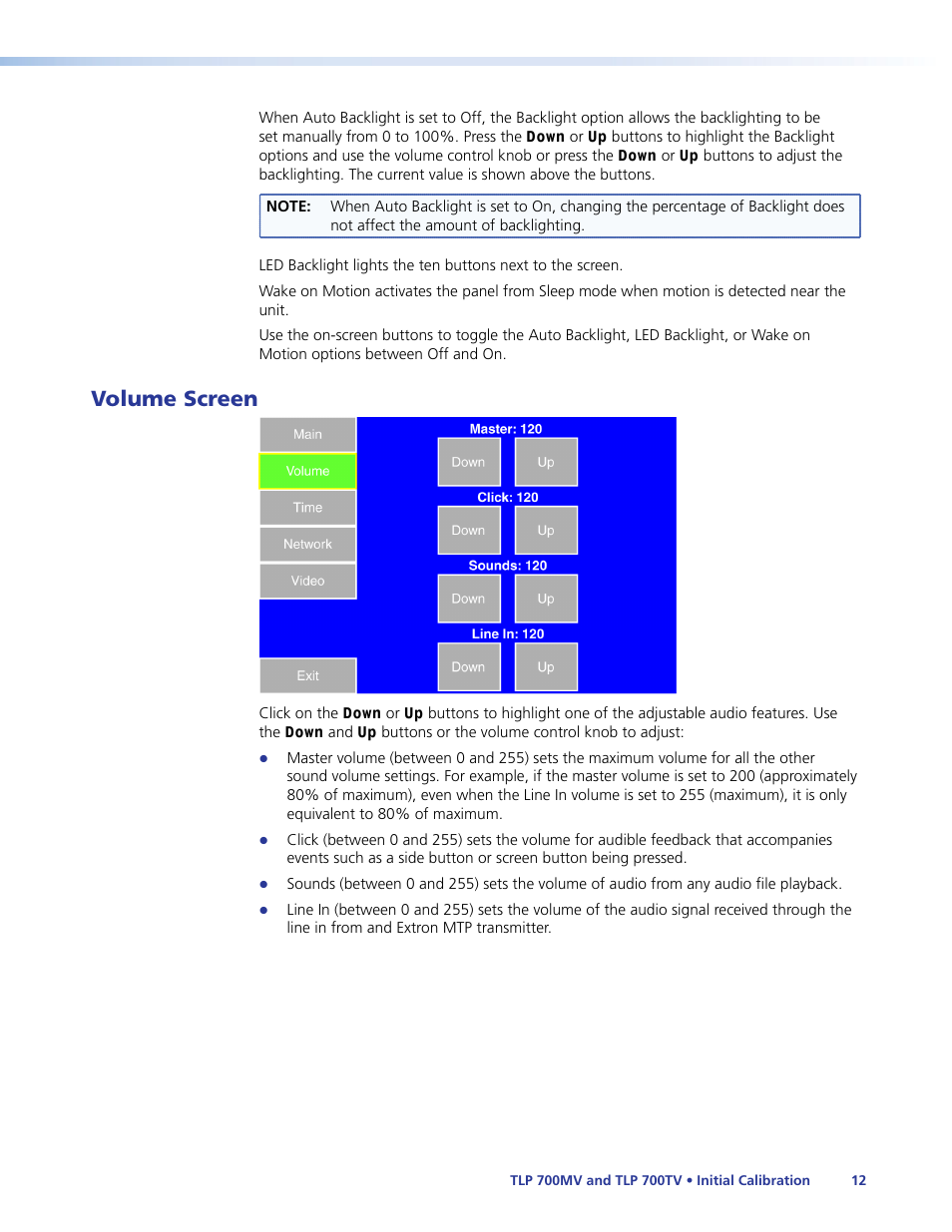 Volume screen, Volume | Extron Electronics TLP 700TV User Guide User Manual | Page 18 / 58