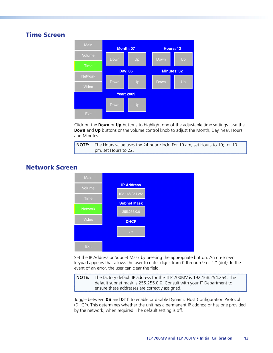 Time screen, Network screen, Time screen network screen | Time, Network | Extron Electronics TLP 700TV User Guide User Manual | Page 19 / 58