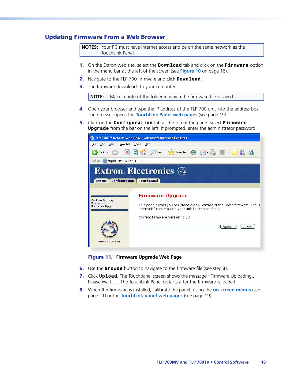Updating firmware from a web browser, Using, Your web browser | Extron Electronics TLP 700TV User Guide User Manual | Page 24 / 58
