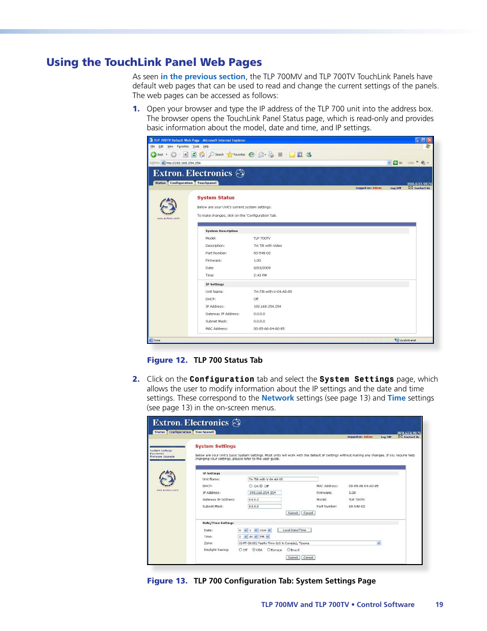 Using the touchlink panel web pages | Extron Electronics TLP 700TV User Guide User Manual | Page 25 / 58