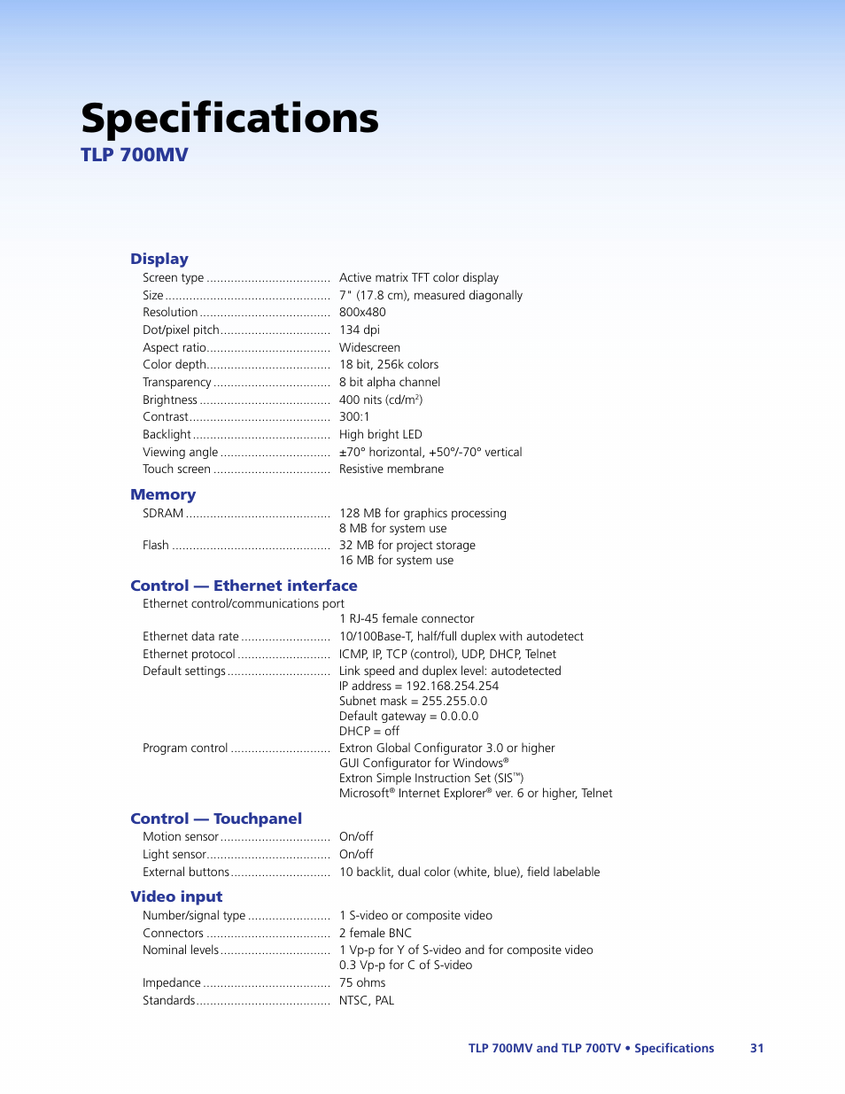 Specifications, Tlp 700mv | Extron Electronics TLP 700TV User Guide User Manual | Page 37 / 58