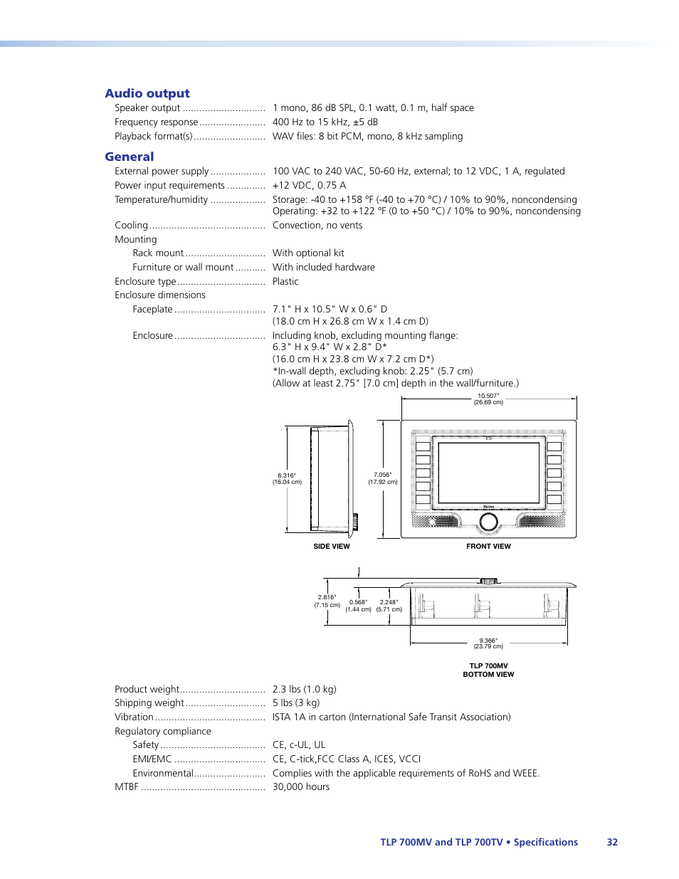 Audio output, General | Extron Electronics TLP 700TV User Guide User Manual | Page 38 / 58