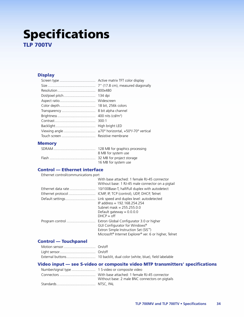 Specifications, Tlp 700tv | Extron Electronics TLP 700TV User Guide User Manual | Page 40 / 58