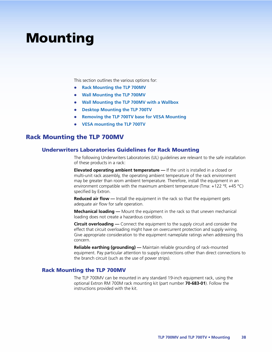 Mounting, Rack mounting the tlp 700mv, Underwriters laboratories guidelines for | Rack mounting | Extron Electronics TLP 700TV User Guide User Manual | Page 44 / 58