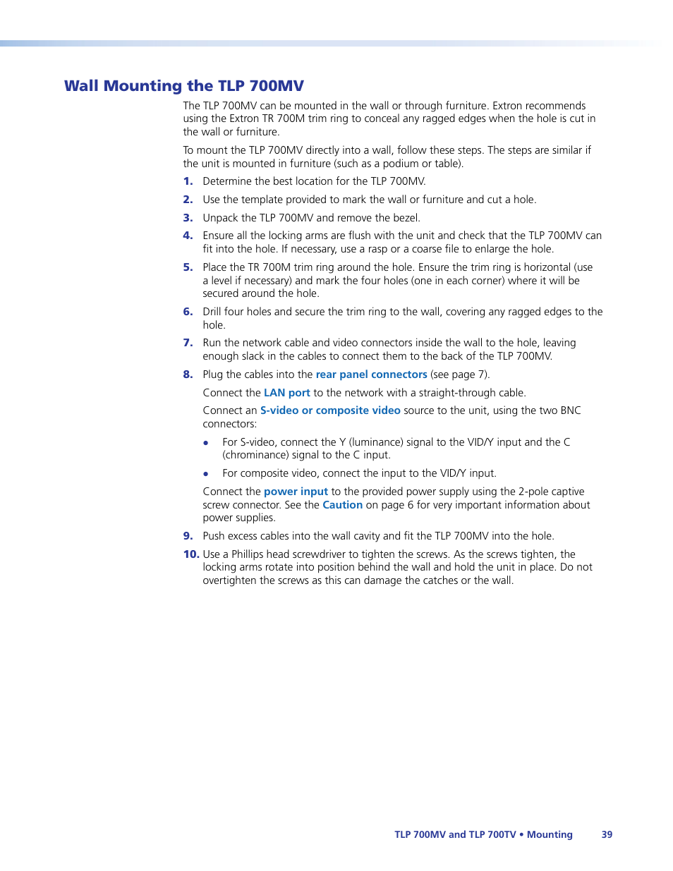 Wall mounting the tlp 700mv | Extron Electronics TLP 700TV User Guide User Manual | Page 45 / 58