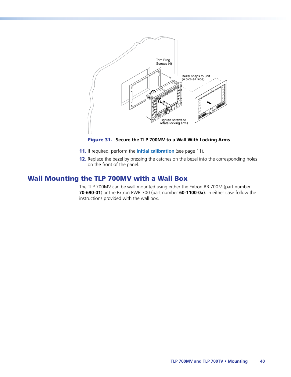 Wall mounting the tlp 700mv with a wall box, Wall mounting the tlp 700mv, With a wall box | Wall mounting the tlp 700mv with a wallbox | Extron Electronics TLP 700TV User Guide User Manual | Page 46 / 58