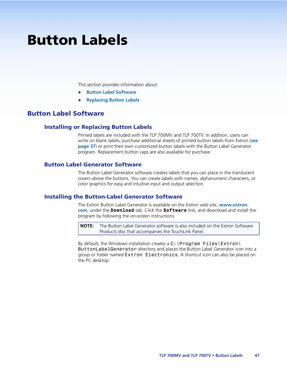 Button labels, Button label software, Installing or replacing button labels | Button label generator software, Installing the button-label generator software, Generator software, Creating button labels | Extron Electronics TLP 700TV User Guide User Manual | Page 53 / 58