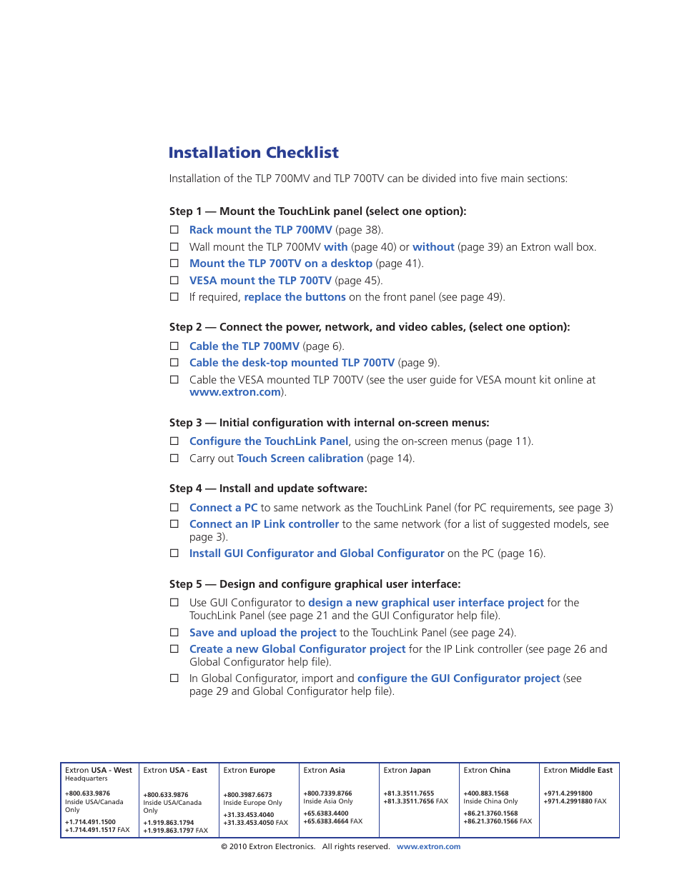 Installation checklist, Extron contact information | Extron Electronics TLP 700TV User Guide User Manual | Page 58 / 58