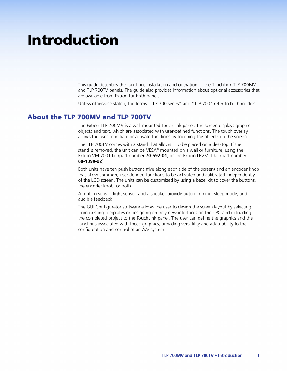 Introduction, About the tlp 700mv and tlp 700tv | Extron Electronics TLP 700TV User Guide User Manual | Page 7 / 58