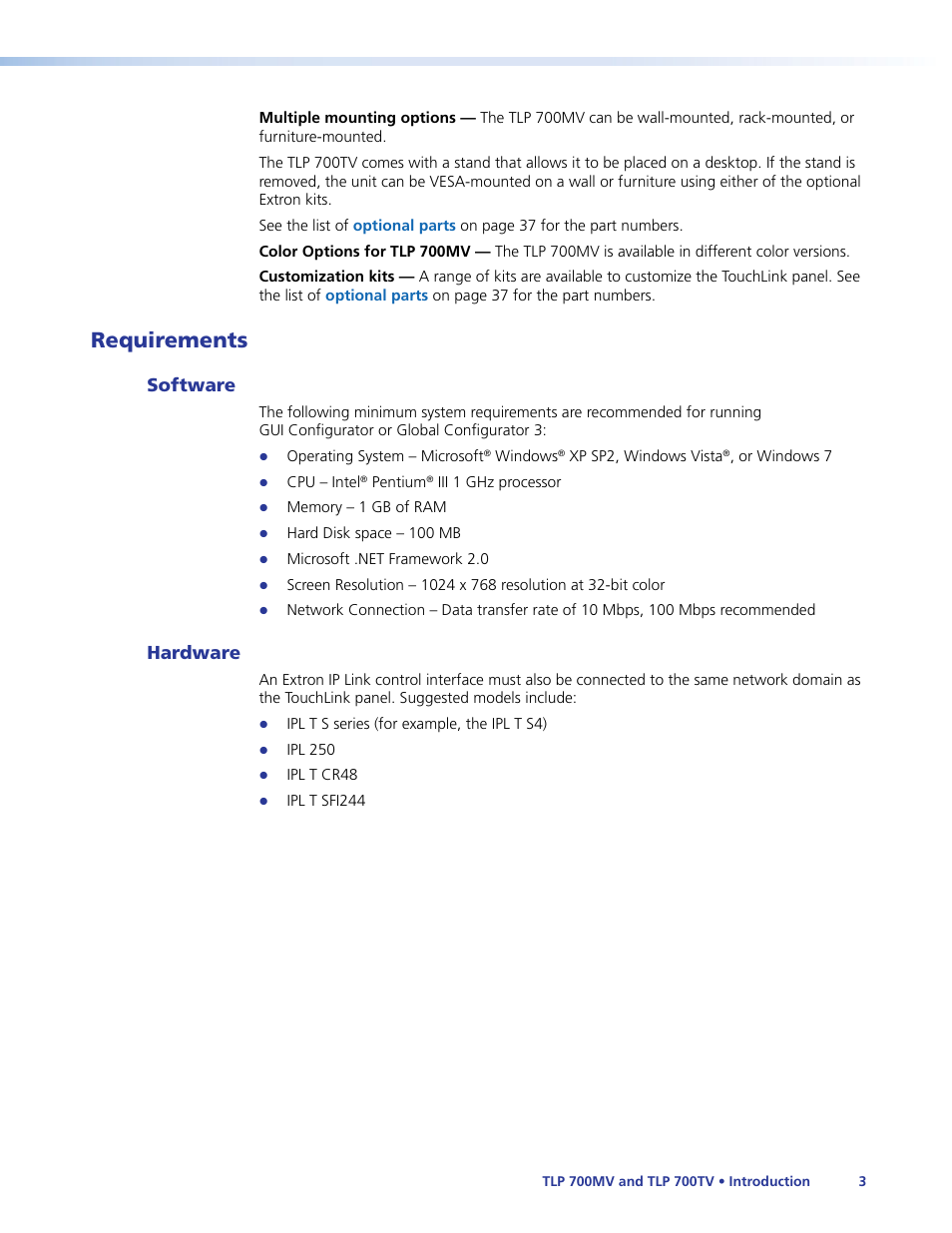 Requirements, Software, Hardware | Software hardware | Extron Electronics TLP 700TV User Guide User Manual | Page 9 / 58