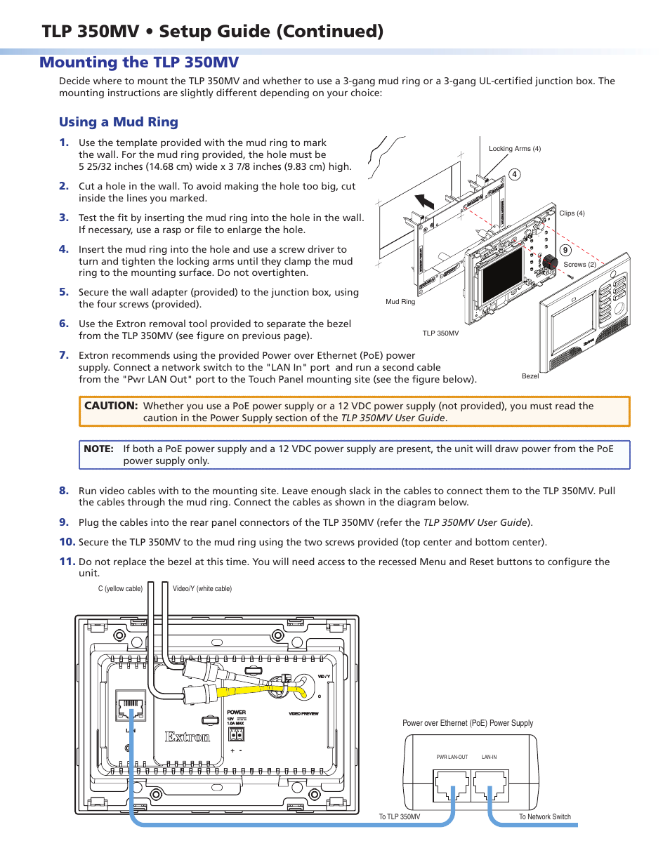 Mounting the tlp 350mv, Using a mud ring, Tlp 350mv • setup guide (continued) | Caution | Extron Electronics TLP 350MV Setup Guide User Manual | Page 2 / 4