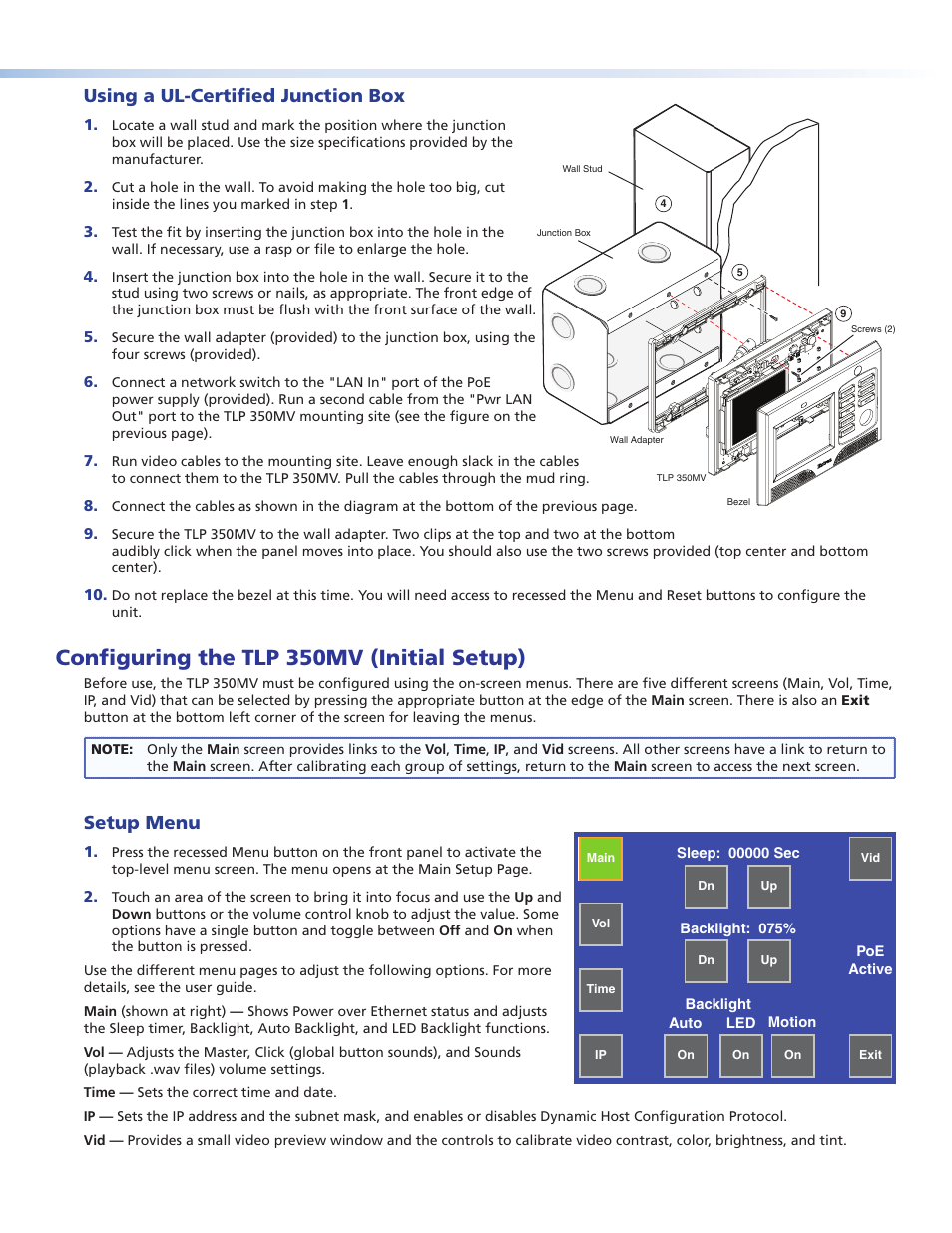 Using a ul-certified junction box, Configuring the tlp 350 (initial setup), Setup menu | Configuring the tlp 350mv (initial setup), Led motion backlight poe active | Extron Electronics TLP 350MV Setup Guide User Manual | Page 3 / 4
