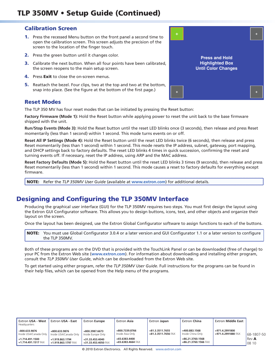 Calibration screen, Reset modes, Designing and configuring the tlp 350mv interface | Extron contact information, Tlp 350mv • setup guide (continued) | Extron Electronics TLP 350MV Setup Guide User Manual | Page 4 / 4