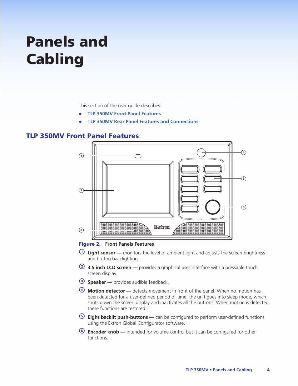 Panels and cabling, Tlp 350mv front panel features | Extron Electronics TLP 350MV User Guide User Manual | Page 10 / 48