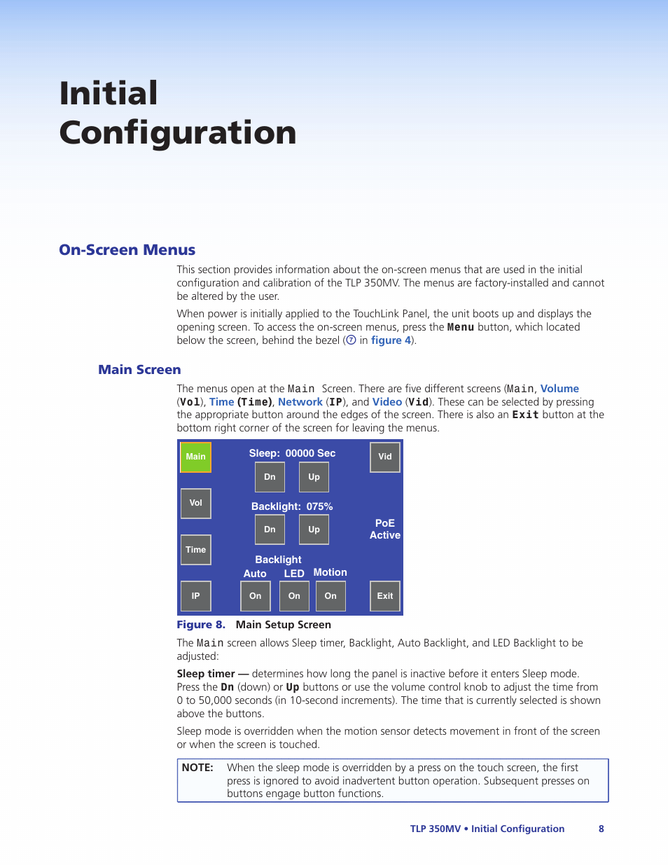 On-screen menus, Main screen, Initial configuration | Extron Electronics TLP 350MV User Guide User Manual | Page 14 / 48